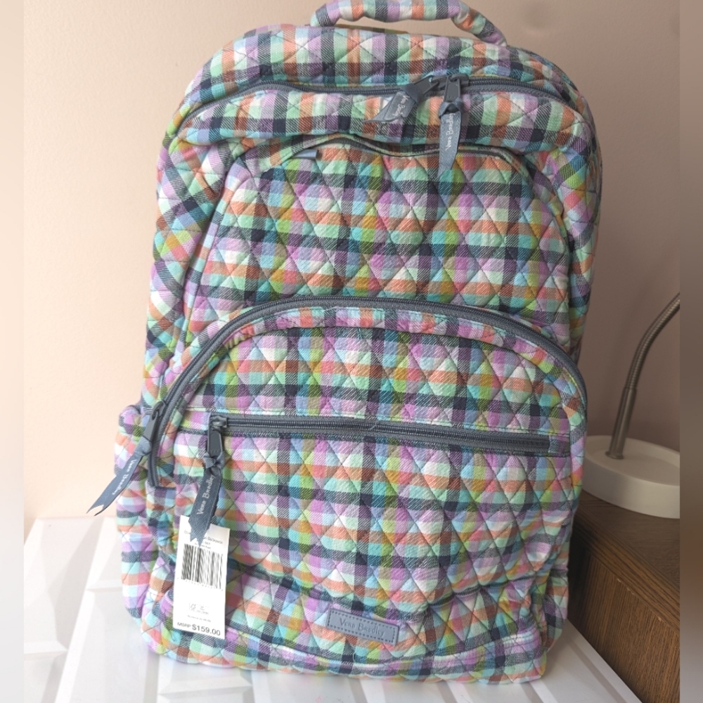 Vera Bradley Large Essential Backpack Laptop Gingham Plaid Pastel Washable